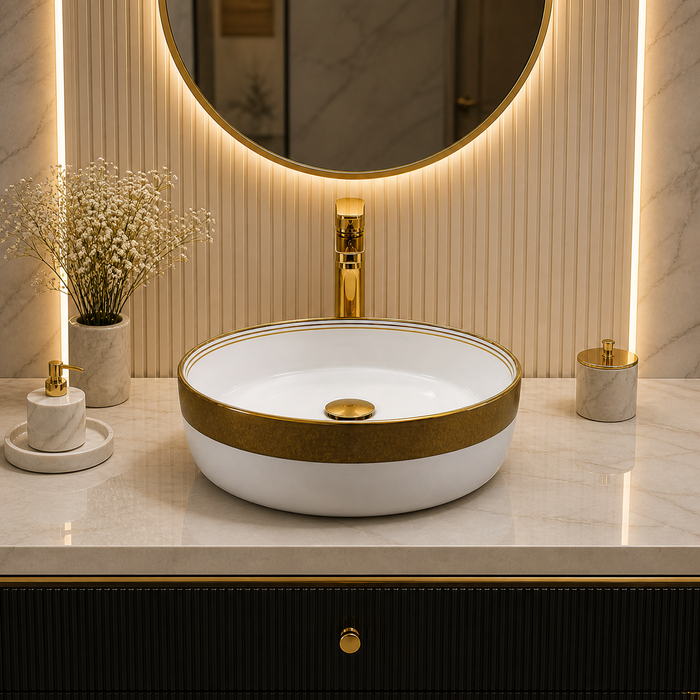 Bassino 14 Inch Round Countertop Wash Basin Sink – 14.2" x 14.2" x 4.9" Modern Luxury Ceramic Vessel Basin with Gold Rim