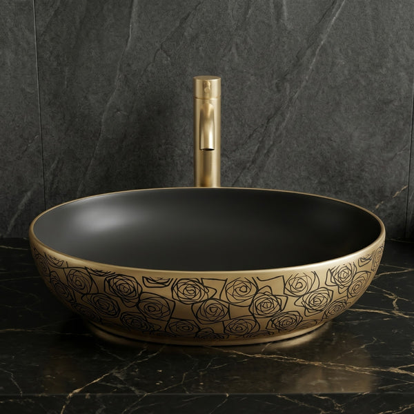 Premium Designer Ceramic Table Top Wash Basin, Matt Black with Gold Pattern (20 x 16 x 5.5 In) EQP-1047