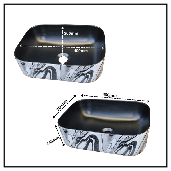 Bassino Square Black Marble Finish Ceramic Countertop Wash Basin | Modern Designer Vanity Sink, 16 x 12 x 6 Inch