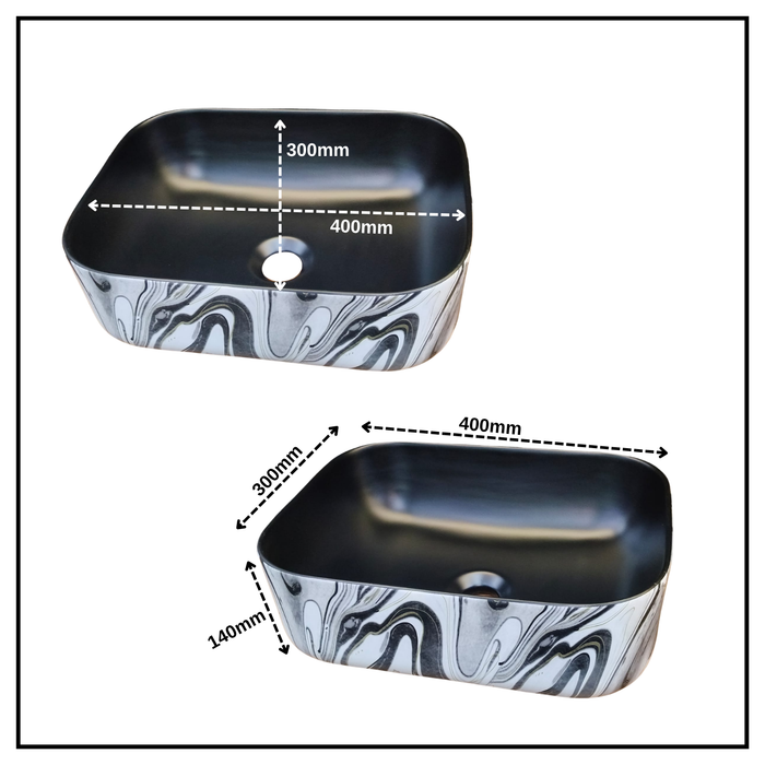Bassino Square Black Marble Finish Ceramic Countertop Wash Basin | Modern Designer Vanity Sink, 16 x 12 x 6 Inch