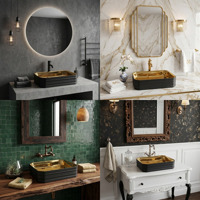 Bassino Luxury Gold Finish Countertop Wash Basin – Premium Black & Gold Ceramic Vessel Sink (18.1" x 13.4" x 4.7")