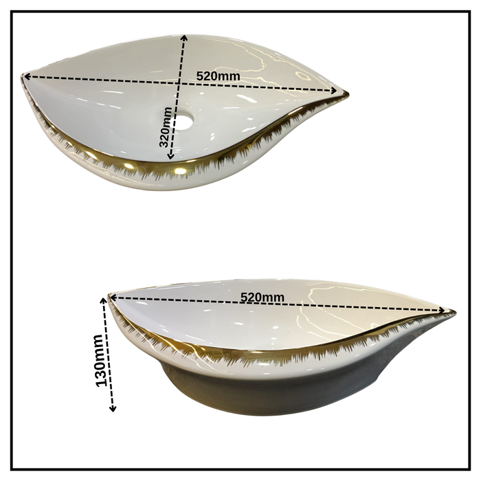 Bassino Luxury Designer Curve Countertop Wash Basin (20" x 16" x 5.5") – Ceramic Sink with Handcrafted Gold Rim Finish