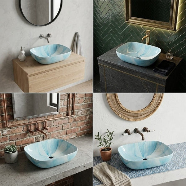 Bassino Blue Marble Finish Ceramic Countertop Wash Basin | Designer Table Top Sink, 18 x 13 x 6 Inch