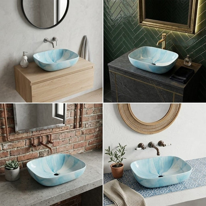 Bassino Blue Marble Finish Ceramic Countertop Wash Basin | Designer Table Top Sink, 18 x 13 x 6 Inch