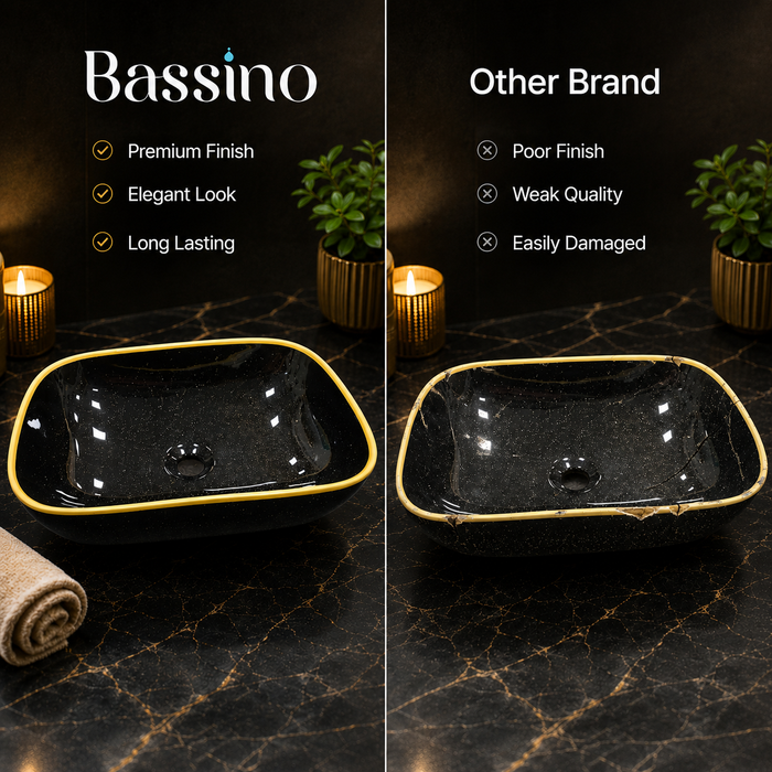 Bassino Black & Gold Rectangular Countertop Wash Basin – Premium Ceramic Vessel Sink (17.9" x 12.6" x 5.3")