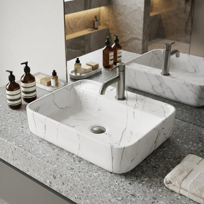 BASSINO Carrara Elegance Matte Marble-Finish Vessel Sink with Tap hole (20 x 16 x 5 Inches)