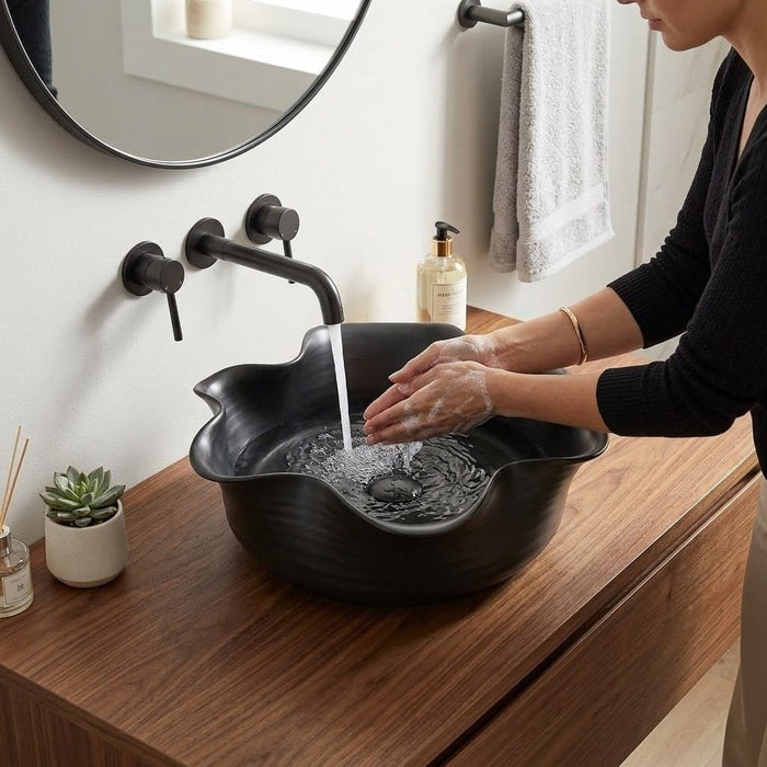 Designer Black Matte Flower Shape Ceramic Countertop Wash Basin | Modern Art Table Top Sink, 16 x 14 x 5 Inch