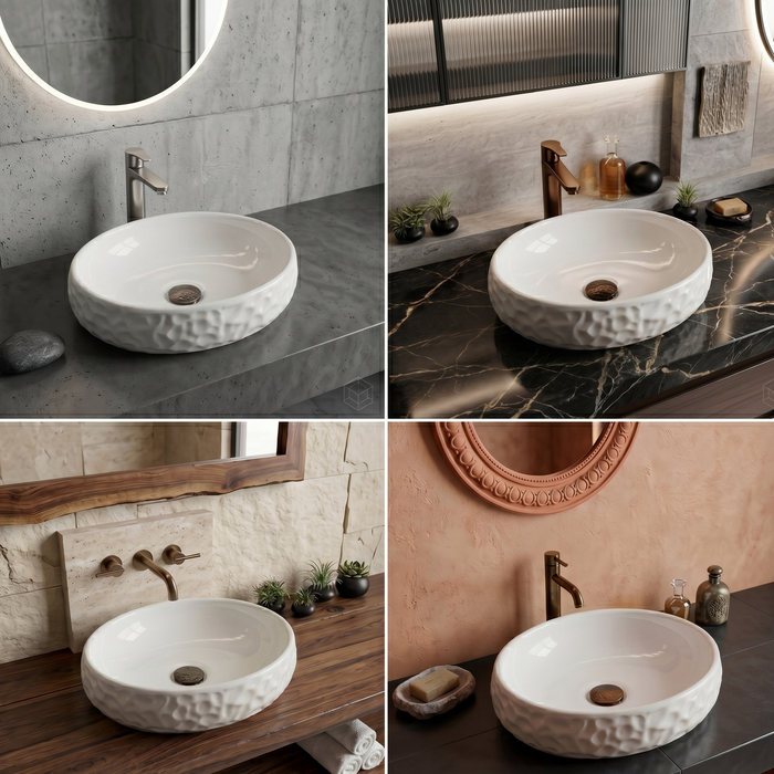 Bassino Textured Oval Countertop Wash Basin (19" x 13" x 5.5") – Modern Ceramic Sink with Sculpted Exterior Design