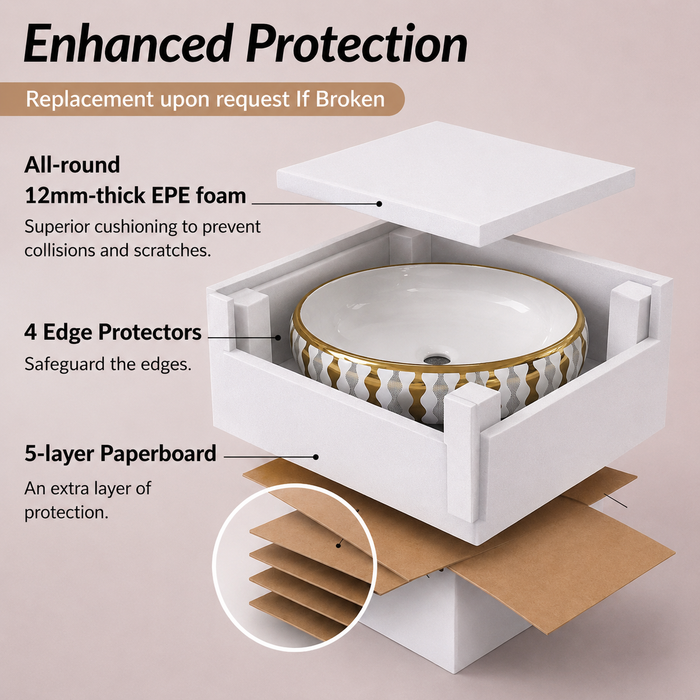 Bassino Oval Designer Countertop Wash Basin – Luxury White & Gold Ceramic Vessel Sink (23.6" x 15.7" x 5.9")