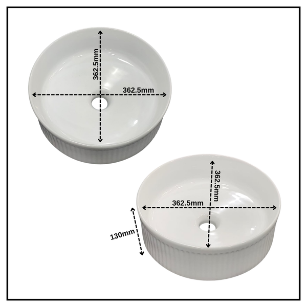 Bassino Round Textured Countertop Wash Basin (14" x 14" x 5") – Modern Ceramic Vanity Sink with Ribbed Exterior
