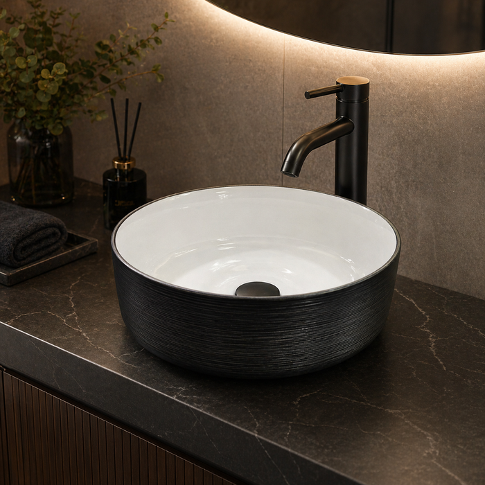 Bassino 16" Round Countertop Wash Basin – Black & White Luxury Ceramic Vessel Sink (15.7" x 15.7" x 5.5")