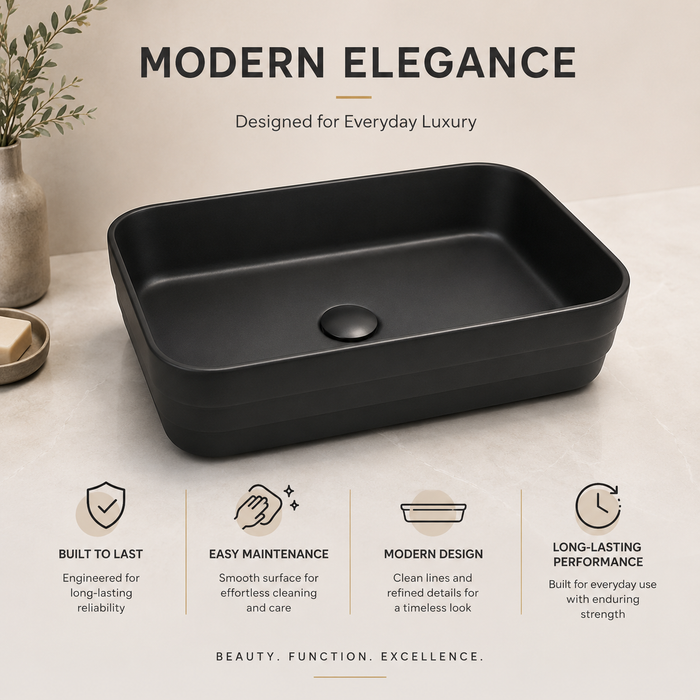 Rectangular Countertop Wash Basin | 20 × 14 × 5 Inches Designer Bathroom Sink – Matte Finish Black