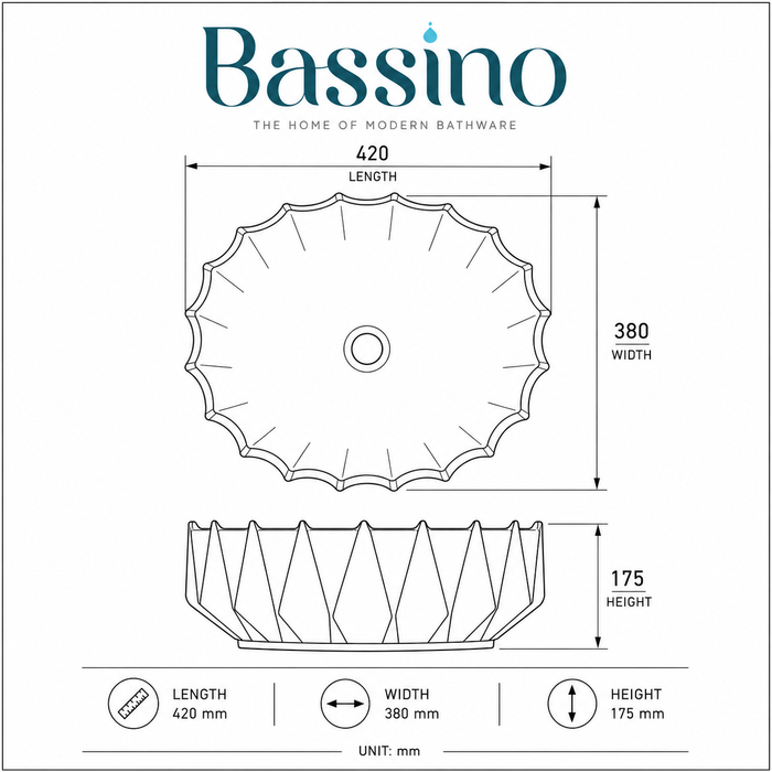 Bassino 17" Luxury White & Chrome Faceted Ceramic Countertop Wash Basin – Designer Round Vessel Sink (16.5" x 15" x 7")