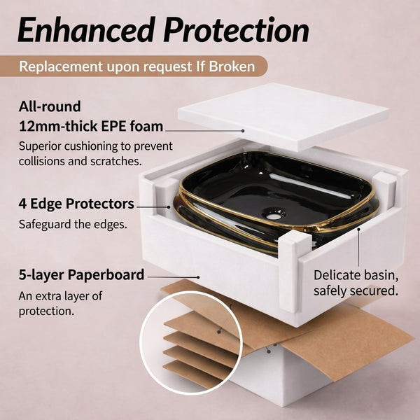 Bassino 25" x 18" Luxury Countertop Wash Basin – Premium Black & Gold Rectangular Ceramic Vessel Sink (24.6" x 17.7" x 5.9")