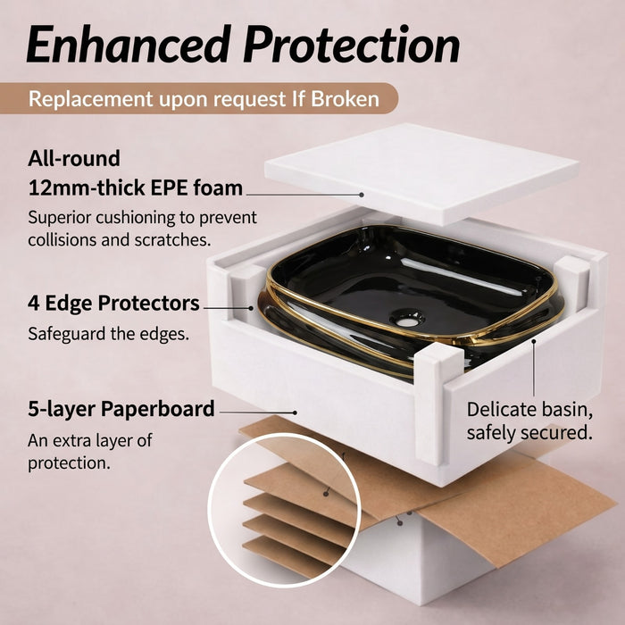 Bassino 25" x 18" Luxury Countertop Wash Basin – Premium Black & Gold Rectangular Ceramic Vessel Sink (24.6" x 17.7" x 5.9")