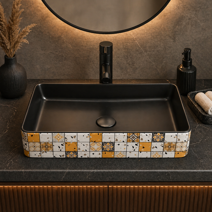 Bassino 24" Rectangular Countertop Wash Basin – Designer Mosaic Ceramic Vessel Sink (23.6" x 13.8" x 4.3")