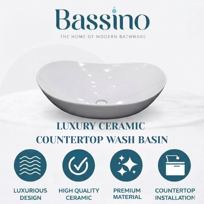Bassino Modern Asymmetrical Oval Countertop Wash Basin (21" x 12" x 5") – Premium Ceramic Designer Vanity Sink