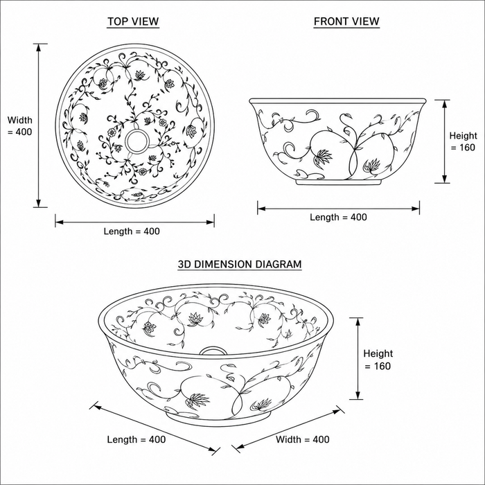 Bassino Floral Art Round Countertop Wash Basin – Designer Ceramic Vessel Sink (15.7" x 15.7" x 6.3")