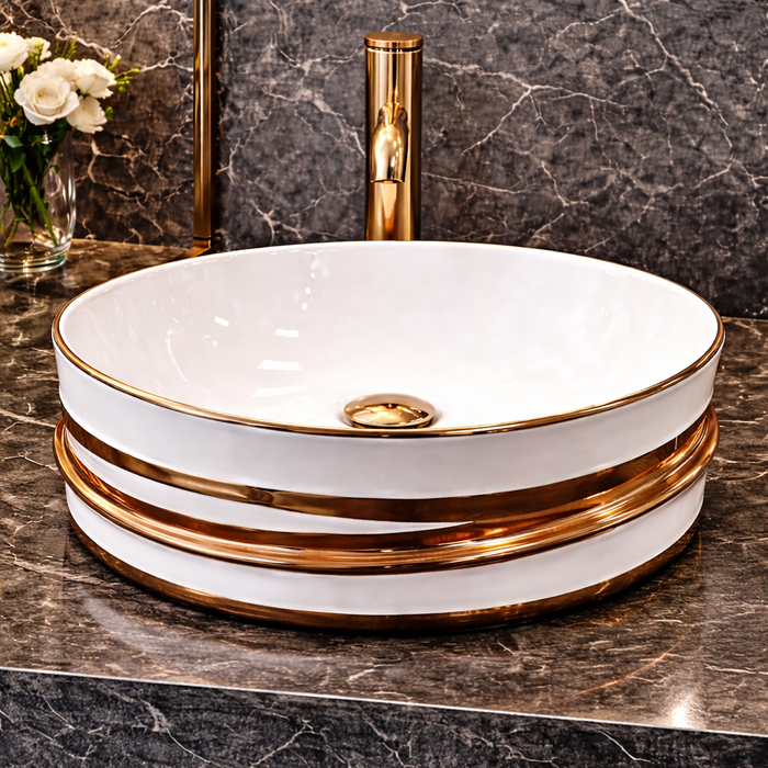 Bassino Luxury Round Ceramic Countertop Wash Basin with Premium Gold Accents