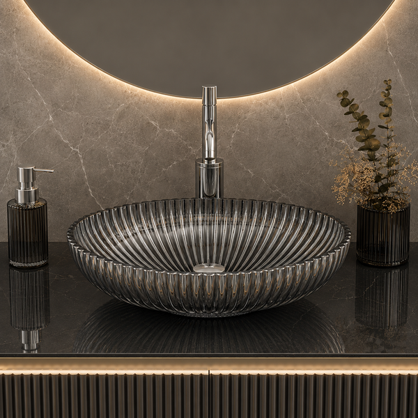 Bassino 20" Luxury Crystal Fluted Glass Countertop Wash Basin – Premium Smoky Black Oval Designer Vessel Sink (20.1" x 13.8" x 5.9")