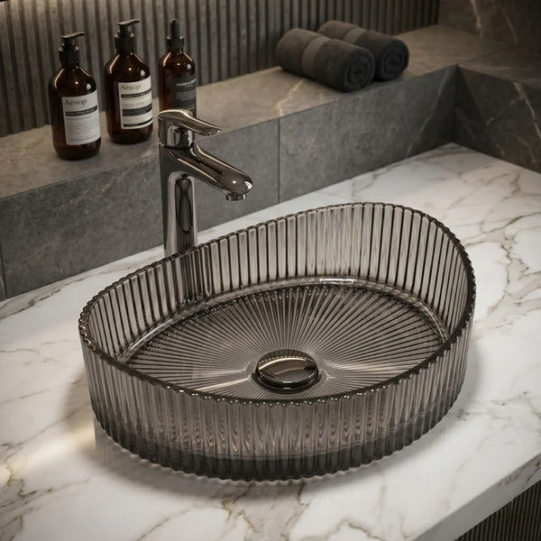 Bassino Modern Transparent Glass Wash Basin | Stylish Countertop Wash Basin for Bathroom–525x350x155 mm Black