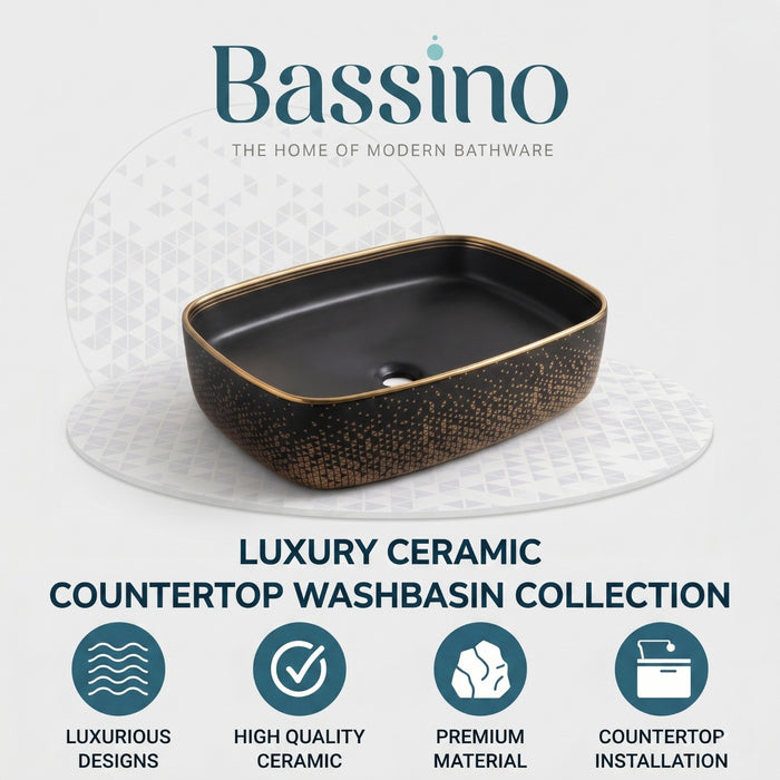 Bassino 20" x 15" Luxury Countertop Wash Basin – Premium Matte Black & Gold Rectangular Ceramic Vessel Sink (19.7" x 14.6" x 5.3")