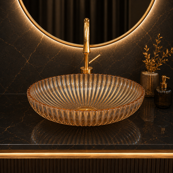 Premium Glass Table Top Wash Basin, Transparent Finish (530x350x150 MM) Rose gold