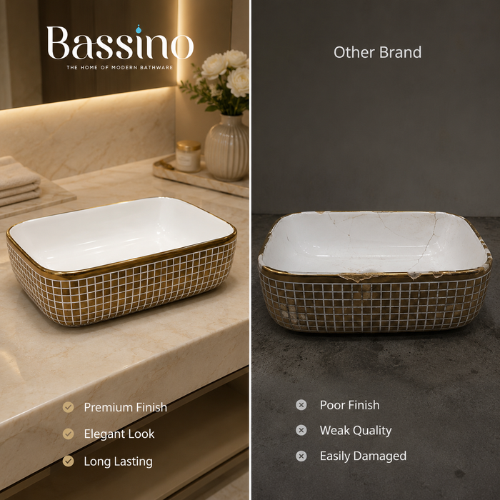 Bassino 16" x 12" Luxury Rectangular Countertop Wash Basin – White & Gold Designer Ceramic Vessel Sink (15.7" x 11.8" x 5.5")