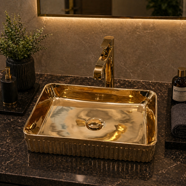 Luxury Rose Gold Countertop Wash Basin | Designer Rectangular Table Top Basin | (19" × 13" × 4" In)