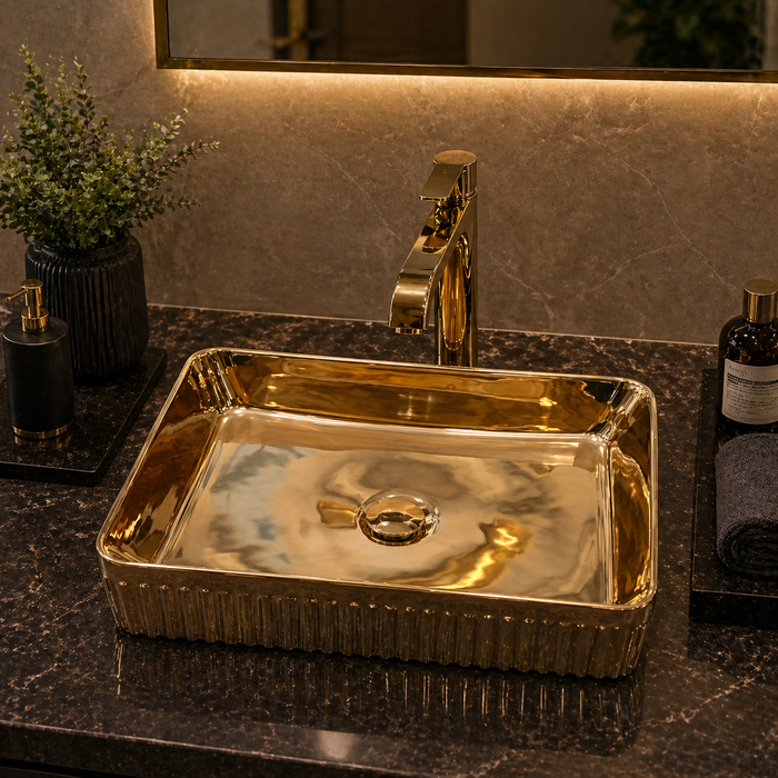Luxury Rose Gold Countertop Wash Basin | Designer Rectangular Table Top Basin | (19" × 13" × 4" In)