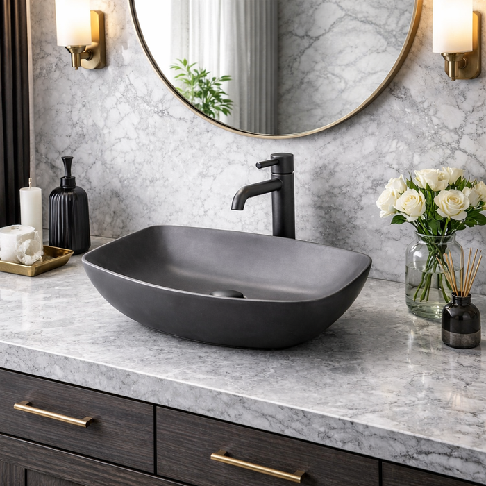 BASSINO Slate Matte Black Boat-Style Vessel Sink (18 x 13 x 5 Inches)