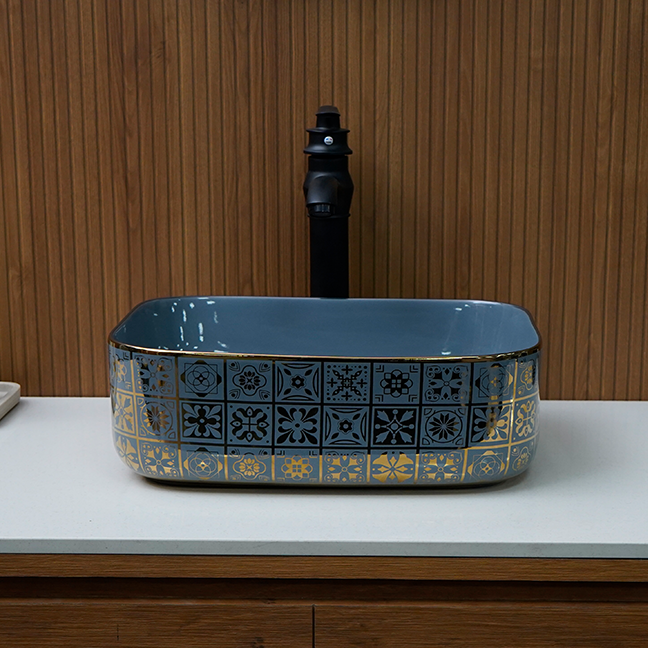 Designer Table Top Basin (16 x 12 x 6 In) BTT-11371-IN,Grey-Gold