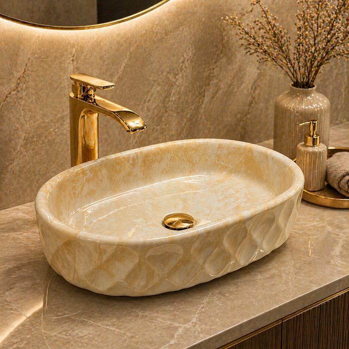 Bassino Oval Marble Finish Countertop Wash Basin – Luxury Ceramic Vessel Sink (19.7" x 12.6" x 5.5")