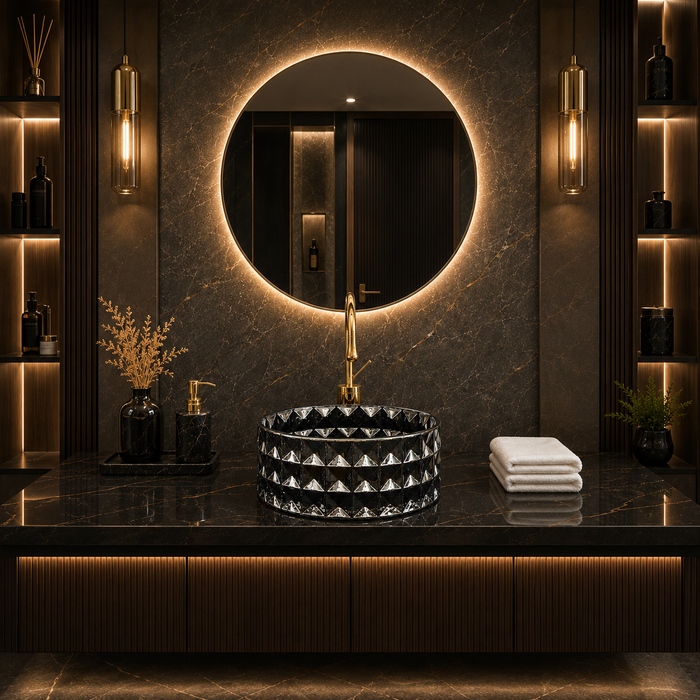 Bassino 12" Luxury Crystal Cut Glass Countertop Wash Basin – Premium Smoky Black Designer Vessel Sink (11.8" x 11.8" x 5.1")