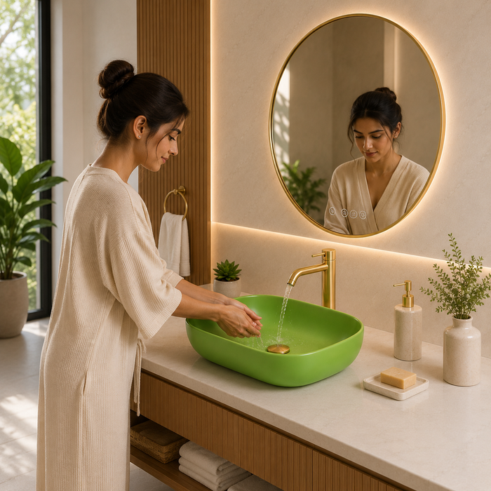 Bassino Matte Green Countertop Wash Basin – Modern Oval Ceramic Vessel Sink (17.9" x 12.8" x 5.5")