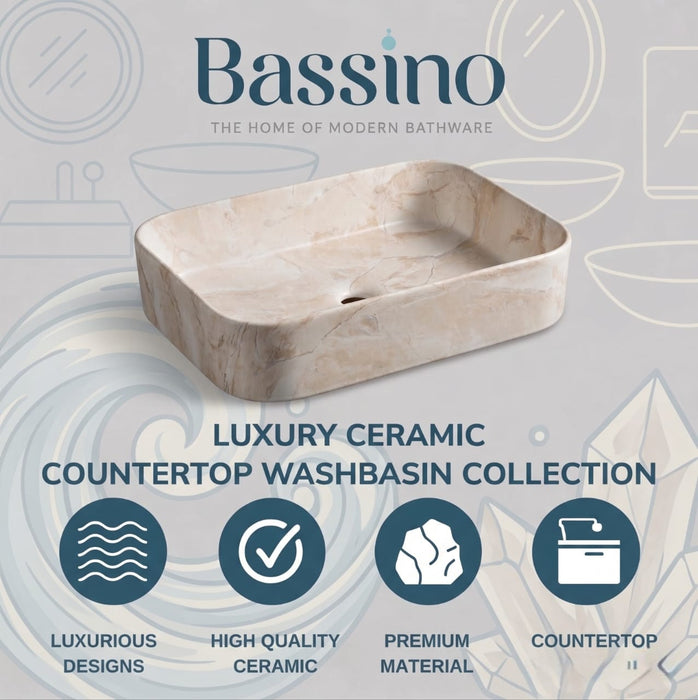 Bassino Marble Finish Rectangular Countertop Wash Basin – Premium Designer Vessel Sink (500 x 340 x 120 mm)