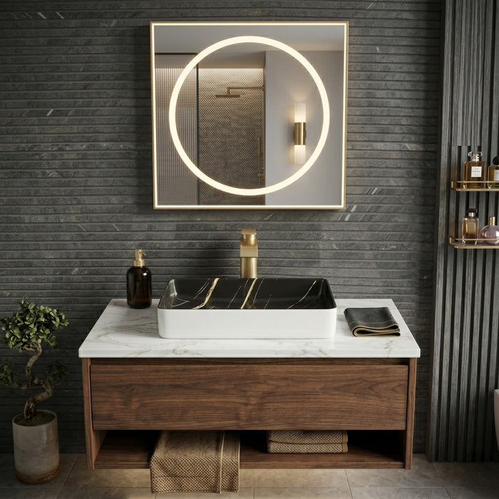 Bassino Luxury Rectangular Countertop Wash Basin – Black Marble Finish Ceramic Vessel Sink (23.6" x 13.8" x 4.3")
