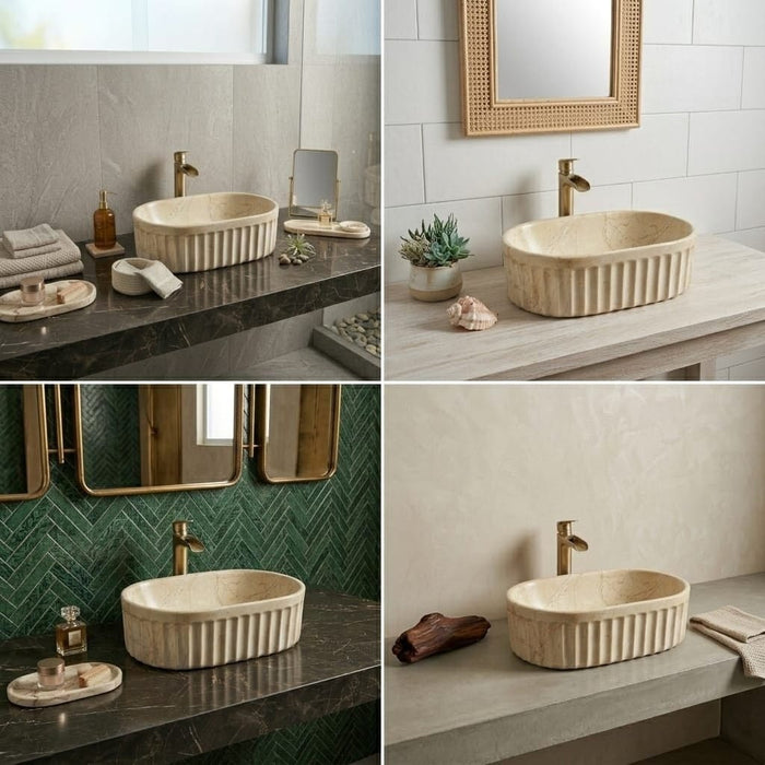 Designer Table-Top Basin | Gloss Marble Ceramic Basin | 22x14.2x6 inch | Beige Marble