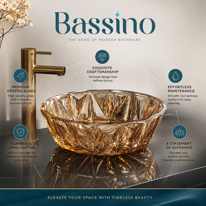 Bassino 16" Luxury Crystal Cut Glass Countertop Wash Basin – Premium Amber Gold Designer Vessel Sink (15.9" x 15.9" x 5.1")