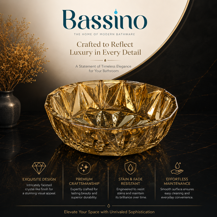 Bassino 16" Luxury Crystal Cut Countertop Wash Basin – Premium Golden Glass Designer Vessel Sink (15.9" x 15.9" x 5.1")
