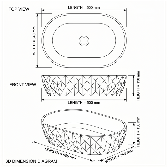 Bassino Black Marble Oval Countertop Wash Basin – Geometric Textured Ceramic Vessel Sink (20" x 13" x 5")