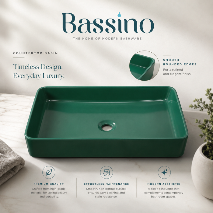 Bassino 24" Green Rectangular Countertop Wash Basin – Modern Luxury Ceramic Vessel Sink (23.6" x 13.8" x 4.3")