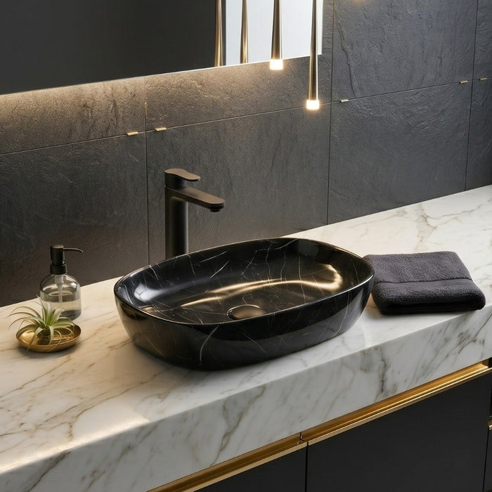 Bassino Oval Black Marble Countertop Wash Basin – Premium Ceramic Vessel Sink (23.6" x 15" x 5.5")