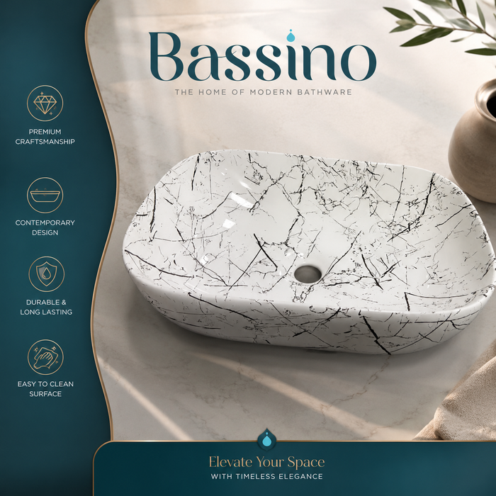Bassino Marble Vein Ceramic Countertop Wash Basin – Designer Rectangular Vessel Sink (455 x 325 x 145 mm)