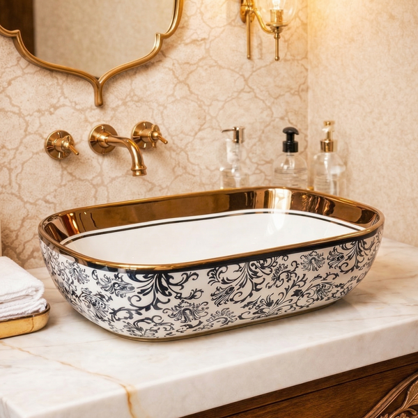 BASSINO Vintage Floral Ceramic Vessel Sink with Gold Rim (18 x 13 x 6 Inches)
