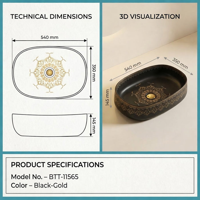 Designer Ceramic Wash Basin Moroccan design | 21 x 14 x 6 In | Black