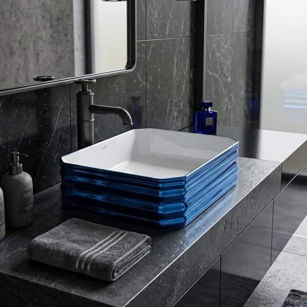 BASSINO Luxury Gradient Blue Tabletop Ceramic Wash Basin (18 x 13 x 5 Inches)