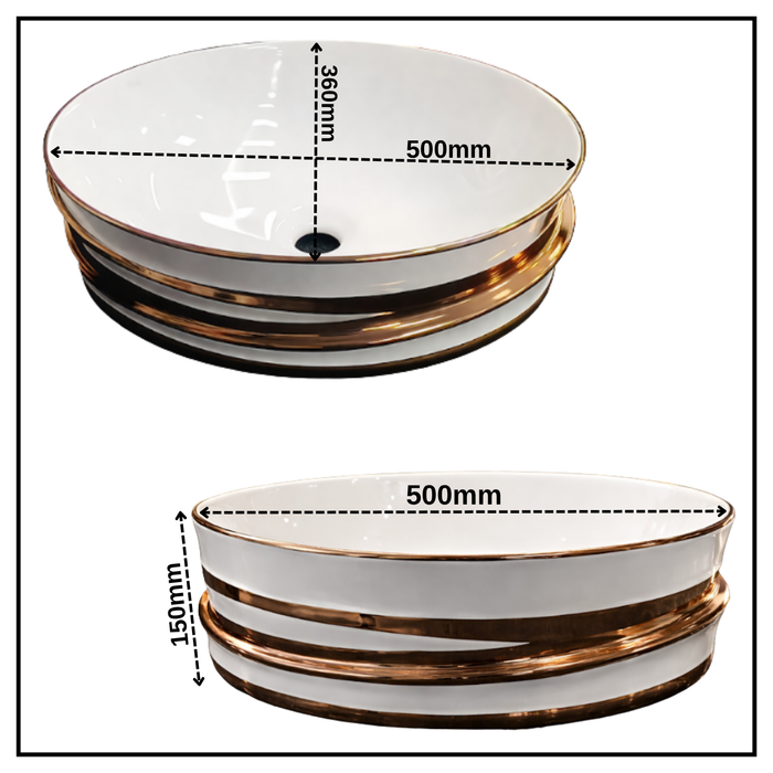 Bassino Luxury Round Ceramic Countertop Wash Basin with Premium Gold Accents