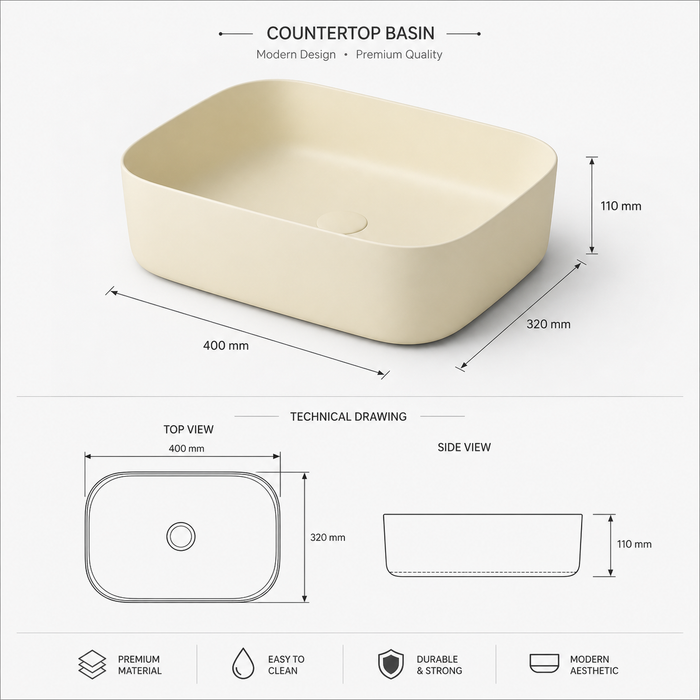 Bassino Modern Melamine Wash Basin | Stylish Countertop Wash Basin for Bathroom–400x320x110 mm Beige