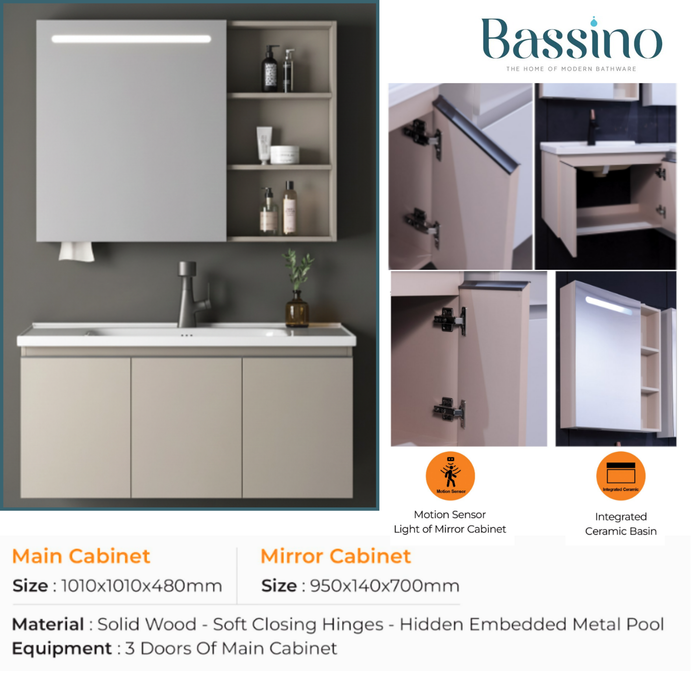 Premium Khaki Bathroom Vanity Set (Motion Sensor Mirror + Integrated Ceramic Basin)